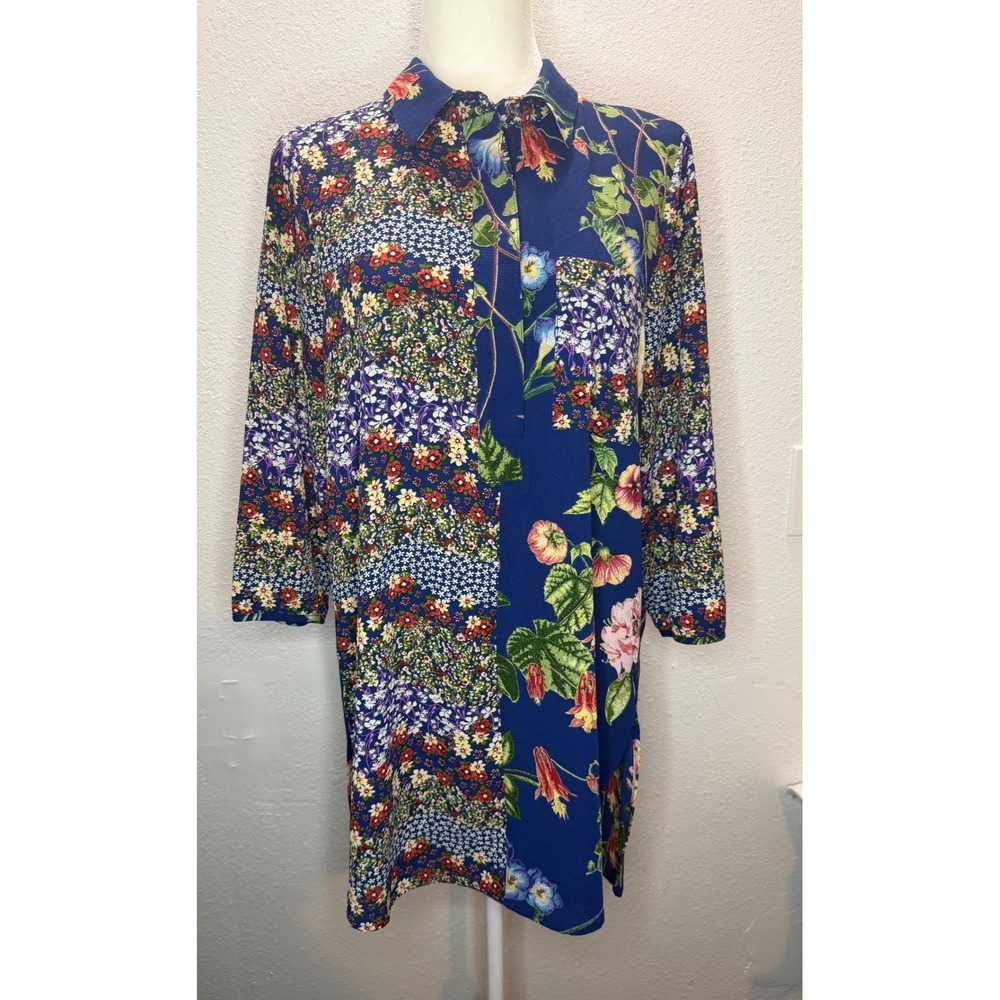 Anthropologie‎ Fig & Flower Tunic Blouse Women's L Blue Floral  Print Boho Top